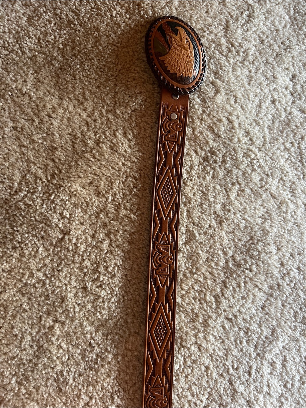 Hand finished Brown belt,genuine leather, Aztec design, eagle buckle